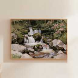 Forest Waterfall Poster, Green Landscape Print, Nature Wall Art, Paper - thumbnail 1
