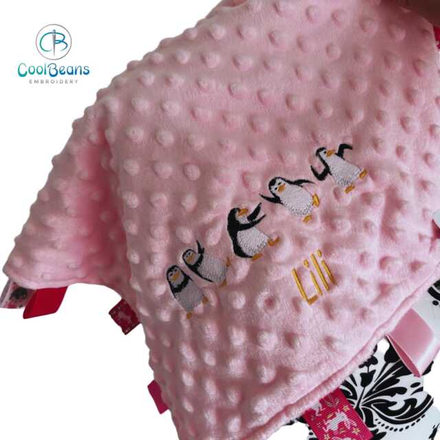 Personalised Baby Taggy Blanket - Embroidered Name & Penguins 35cm X Comforter Blanket - image 1