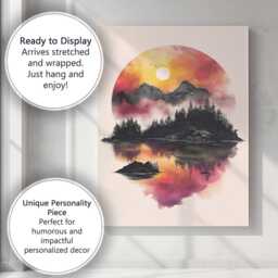 Watercolour Sunset Mountain Forest Reflection Minimalist Landscape Canvas Wall Art Print Decor Picture Ready To Hang - thumbnail 3