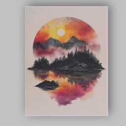 Watercolour Sunset Mountain Forest Reflection Minimalist Landscape Canvas Wall Art Print Decor Picture Ready To Hang - thumbnail 1