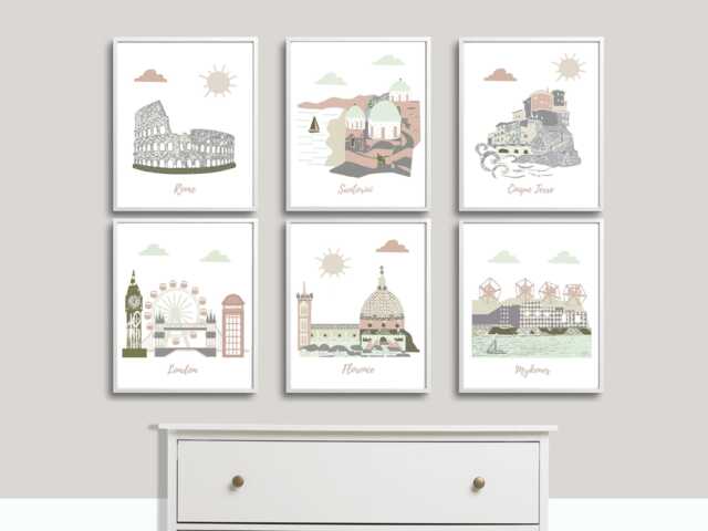 Set Of 6 Posters For Nursery, Customizable Locations & Colors, Sizes 5x7, 8x10, 11x14 - image 1
