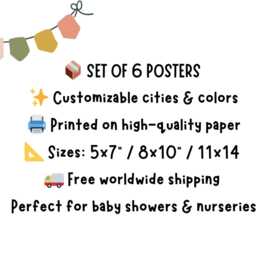Set Of 6 Posters For Nursery, Customizable Locations & Colors, Sizes 5x7, 8x10, 11x14 - thumbnail 2