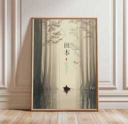 Japan Bamboo Forest Poster, Serene Rowboat Print, Minimalist Japanese Wall Art, Zen Nature Landscape Decor