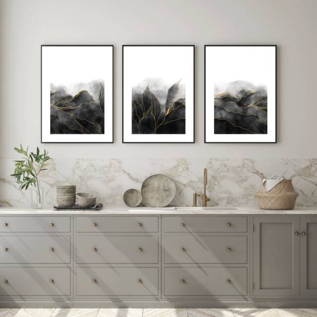 Set Of 3 Black Gold Gallery Abstract Paint Detail Wall Art Print Home Decor Poster, Lounge, Hallway, Bathroom, Kitchen, Simple Wall Art Set - image 1