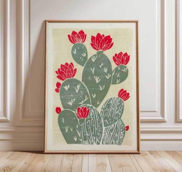 Cactus Flower Print, Mexican Desert Art Poster, Green & Red Linocut Style Wall Decor, Boho Botanical Artwork For Living Room Or Kitchen - image 1