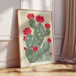 Cactus Flower Print, Mexican Desert Art Poster, Green & Red Linocut Style Wall Decor, Boho Botanical Artwork For Living Room Or Kitchen - thumbnail 2