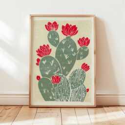 Cactus Flower Print, Mexican Desert Art Poster, Green & Red Linocut Style Wall Decor, Boho Botanical Artwork For Living Room Or Kitchen - thumbnail 3