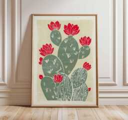 Cactus Flower Print, Mexican Desert Art Poster, Green & Red Linocut Style Wall Decor, Boho Botanical Artwork For Living Room Or Kitchen - thumbnail 1