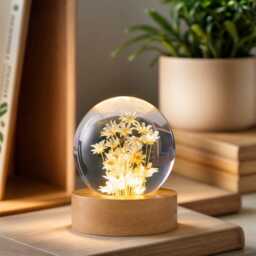 3D Crystal Ball Lamp, Handmade Dried Flower Resin Night Light, Valentine's Day Gift - thumbnail 2