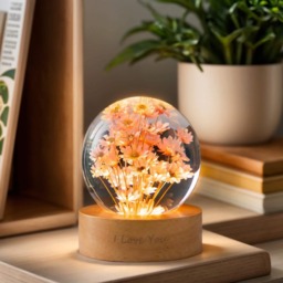 3D Crystal Ball Lamp, Handmade Dried Flower Resin Night Light, Valentine's Day Gift - thumbnail 1