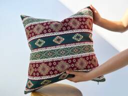 Vintage Woven Pillow Cover Red Green Pattern, Rustic Fall Decor - All Duties Paid Usa - thumbnail 1