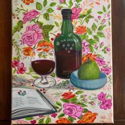 Wine Lover Acrylic Painting, Pear, Floral Still Life, Kitchen Art - thumbnail 2