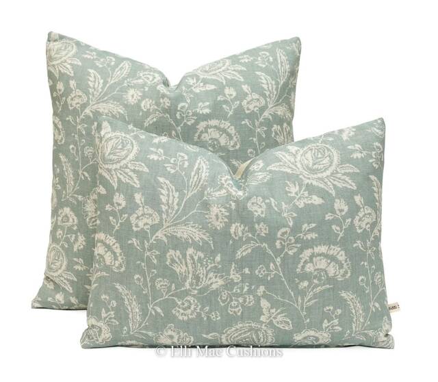 Cabbages & Roses French Toile Teal Vintage Linen Designer Sofa Throw Cushion Pillow Cover - image 1