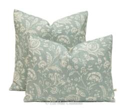 Cabbages & Roses French Toile Teal Vintage Linen Designer Sofa Throw Cushion Pillow Cover - thumbnail 1