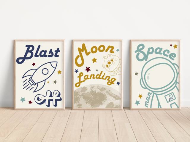 Set Of 3 Retro Space Prints. Perfect For A Nursery, Bedroom Or Playroom - Prints Only - image 1