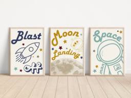 Set Of 3 Retro Space Prints. Perfect For A Nursery, Bedroom Or Playroom - Prints Only - thumbnail 1