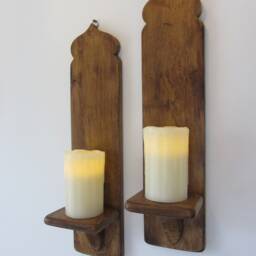 Pair Of Moroccan Style Reclaimed Wood Wall Sconce's Led Candle Holders Boho Lights - thumbnail 2