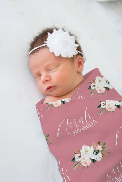 Magnolia Personalized Swaddle, Baby Girl Bow Blanket, Custom Name Hospital Shower Gift, Toddler - image 1