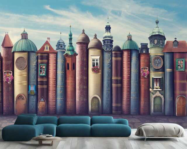 Magical City Books Wallpaper Mural, Nursery Decor, Peel & Stick - image 1