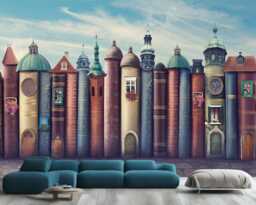 Magical City Books Wallpaper Mural, Nursery Decor, Peel & Stick - thumbnail 1