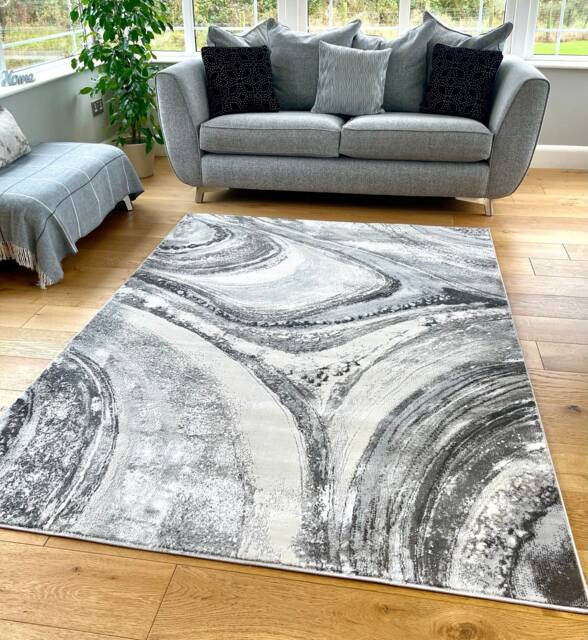 Silver Grey Marble Shimmer Sheen Effect Modern Rug Silky Soft Chic Design Area Mat - image 1