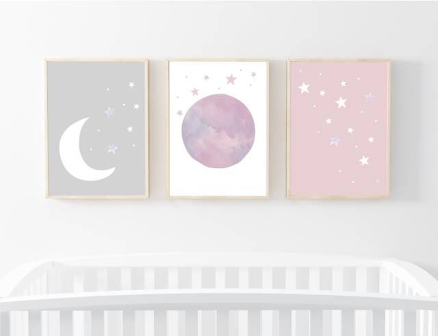 Nursery Prints Set Of 3 For Nursery Moon & Stars Pink Grey Girl Print - image 1