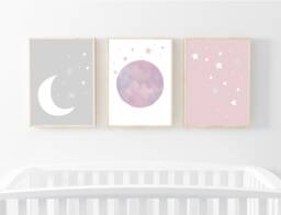 Nursery Prints Set Of 3 For Nursery Moon & Stars Pink Grey Girl Print - thumbnail 1