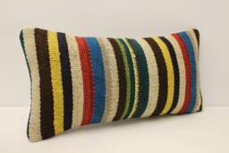 Vintage Kilim Pillow Cover, Bohemian Lumbar Cushion, 10x20 Wool Accent