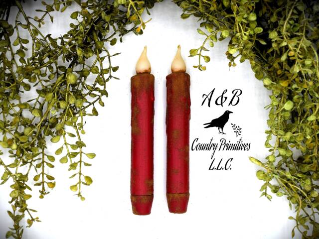 Set Of Two Red Grubby 7 Inch Led Wax Dipped Taper Candles With Timer, Battery Operated Flameless Candles, Country Primitive Home Decor - image 1