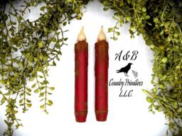 Set Of Two Red Grubby 7 Inch Led Wax Dipped Taper Candles With Timer, Battery Operated Flameless Candles, Country Primitive Home Decor - thumbnail 1