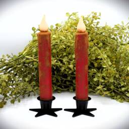 Set Of Two Red Grubby 7 Inch Led Wax Dipped Taper Candles With Timer, Battery Operated Flameless Candles, Country Primitive Home Decor - thumbnail 2