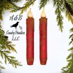 Set Of Two Red Grubby 7 Inch Led Wax Dipped Taper Candles With Timer, Battery Operated Flameless Candles, Country Primitive Home Decor - thumbnail 3