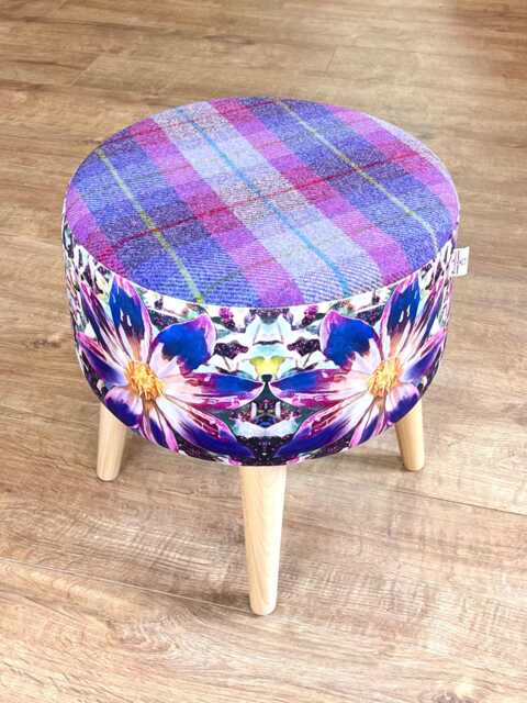 Arran Flower Velvet & Purple Tartan Harris Tweed Footstool - image 1