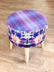 Arran Flower Velvet & Purple Tartan Harris Tweed Footstool - thumbnail 1