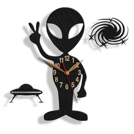Alien Clock, Handmade Wood Wall Clock Martian Ufo Spaceship Height 13 Or 18 Inch