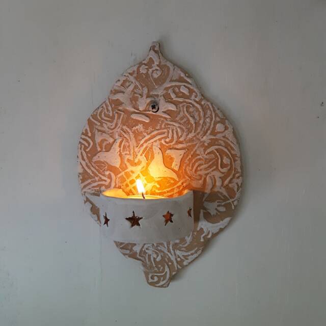 Moroccan Style Ceramic Wall Sconce, Small Tea Light, Embossed With Medieval Foliage Pattern - image 1