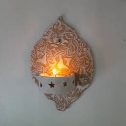 Moroccan Style Ceramic Wall Sconce, Small Tea Light, Embossed With Medieval Foliage Pattern