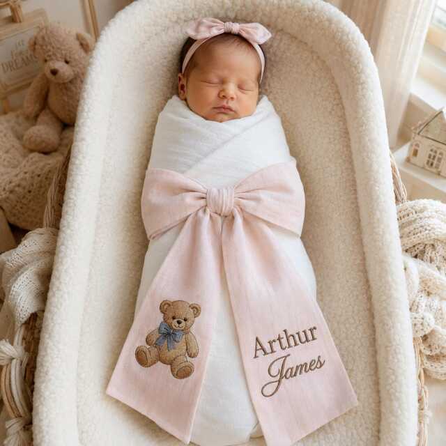 Custom Baby Girl Name Embroidered Newborn Bow Sash, Bear Hospital Teddy Swaddle, Keepsake, Shower Gift - image 1