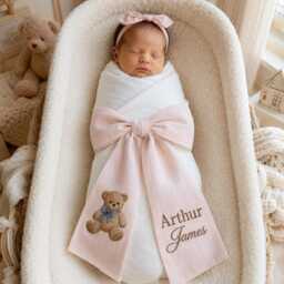 Custom Baby Girl Name Embroidered Newborn Bow Sash, Bear Hospital Teddy Swaddle, Keepsake, Shower Gift - thumbnail 1
