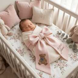 Custom Baby Girl Name Embroidered Newborn Bow Sash, Bear Hospital Teddy Swaddle, Keepsake, Shower Gift - thumbnail 2