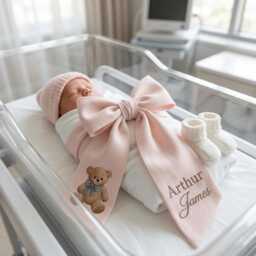 Custom Baby Girl Name Embroidered Newborn Bow Sash, Bear Hospital Teddy Swaddle, Keepsake, Shower Gift - thumbnail 3