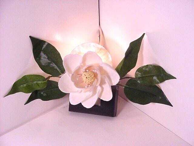 Beach Seashell Magnolia Shape Night Light. White Clam Shell Petals, Yellow Stamen, Green Silk Leaves. Delivered in Corsage Box - image 1