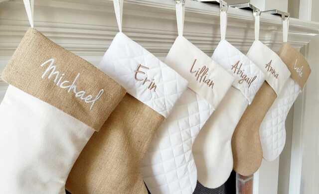 Christmas Stocking. Personalized 8 Styles Stockings. Natural Burlap, Ivory Cream Quilted. 1 Stocking - image 1