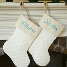 Christmas Stocking. Personalized 8 Styles Stockings. Natural Burlap, Ivory Cream Quilted. 1 Stocking - thumbnail 3