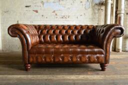 2 Seater Antique Tan Brown Leather Chesterfield Sofa, British Handmade, Traditional Design - thumbnail 1