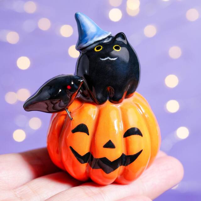 Handmade Ceramic Black Cat On Pumpkin Figurine Halloween Decor - image 1