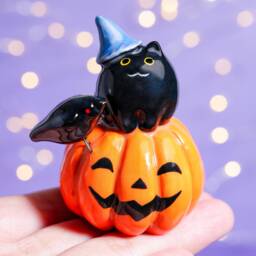 Handmade Ceramic Black Cat On Pumpkin Figurine Halloween Decor - thumbnail 1