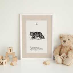 Vintage Cat Nursery Print - Antique Alphabet Wall Art C Is For Black & White Animal Illustration Kids Room - thumbnail 3