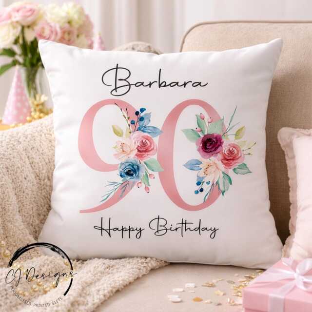 Personalised 90Th Birthday Cushion, Floral Milestone Pillow For Grandmother Or Mum - image 1