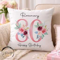 Personalised 90Th Birthday Cushion, Floral Milestone Pillow For Grandmother Or Mum - thumbnail 3